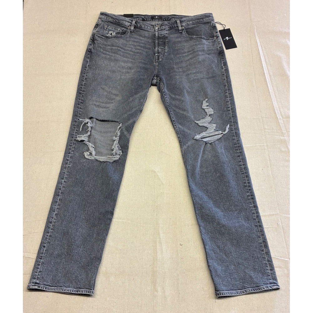 7‎ For All Mankind The Straight Jeans Mens 38 Gray New Distressed Indie Sleeze